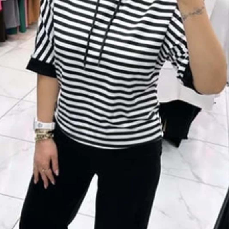 Dwiska | Striped Short Sleeve Hooded Top