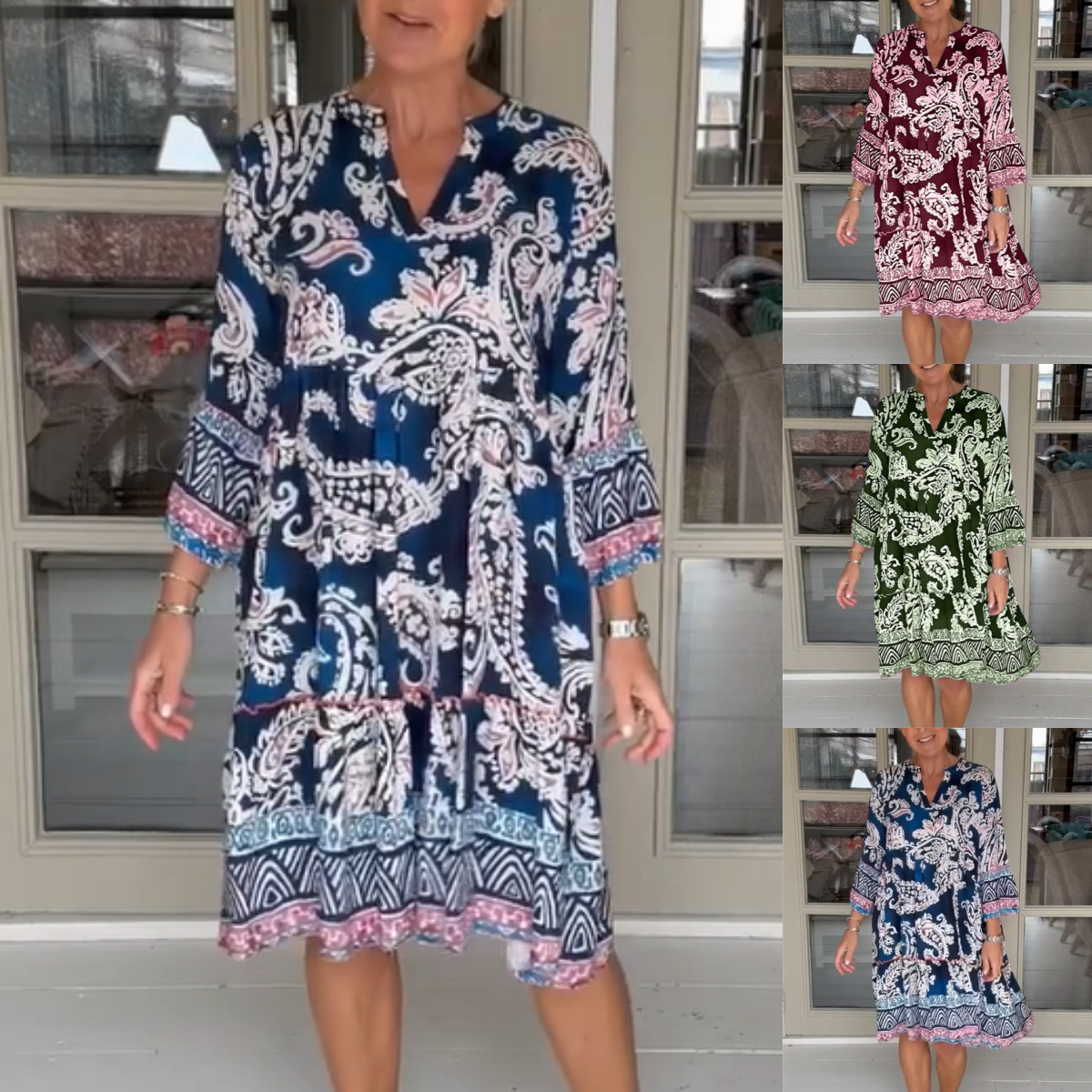 Viloura | V Neck Floral Print Knee Length Dress