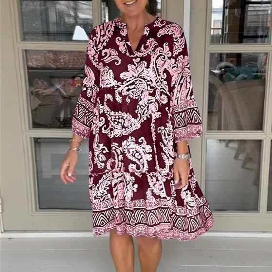 Viloura | V Neck Floral Print Knee Length Dress
