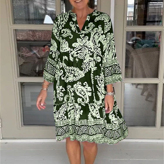 Viloura | V Neck Floral Print Knee Length Dress