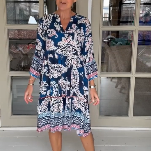 Viloura | V Neck Floral Print Knee Length Dress