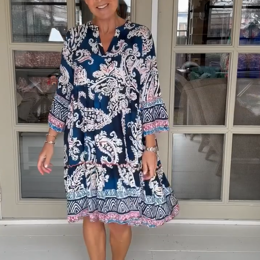 Viloura | V Neck Floral Print Knee Length Dress