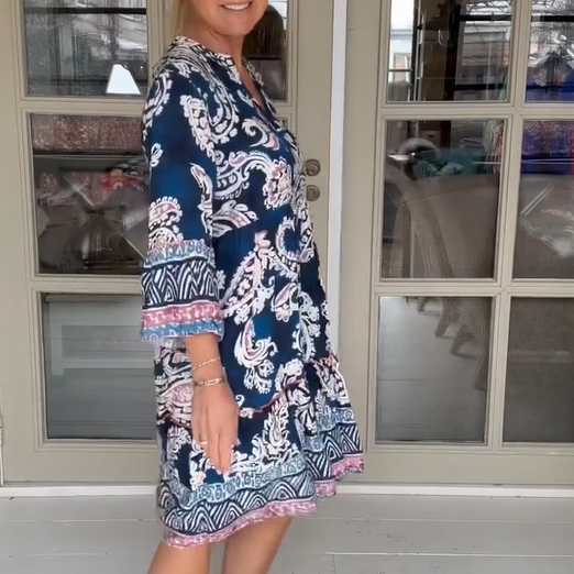 Viloura | V Neck Floral Print Knee Length Dress