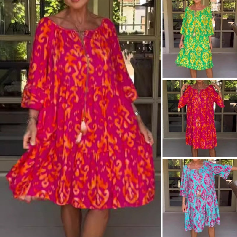 Toula | Midi Dress Pink Orange Printed Loose Fit