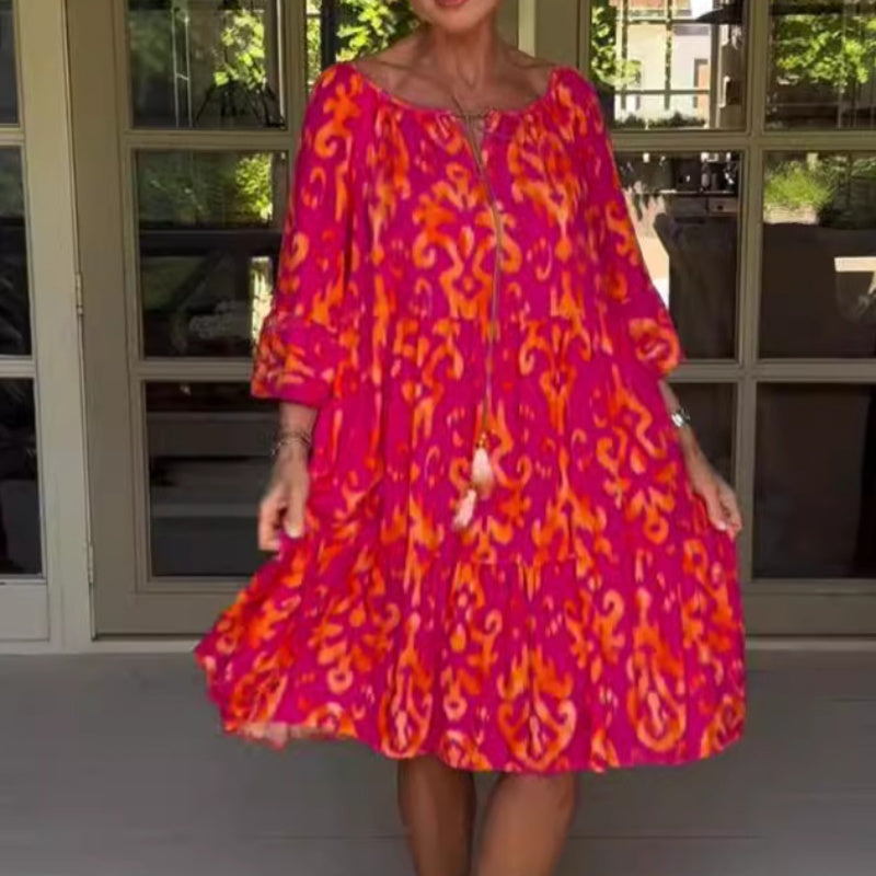 Toula | Midi Dress Pink Orange Printed Loose Fit