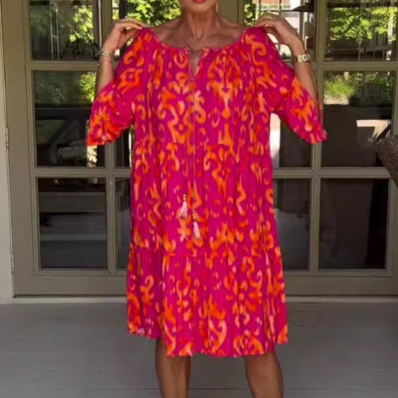 Toula | Midi Dress Pink Orange Printed Loose Fit