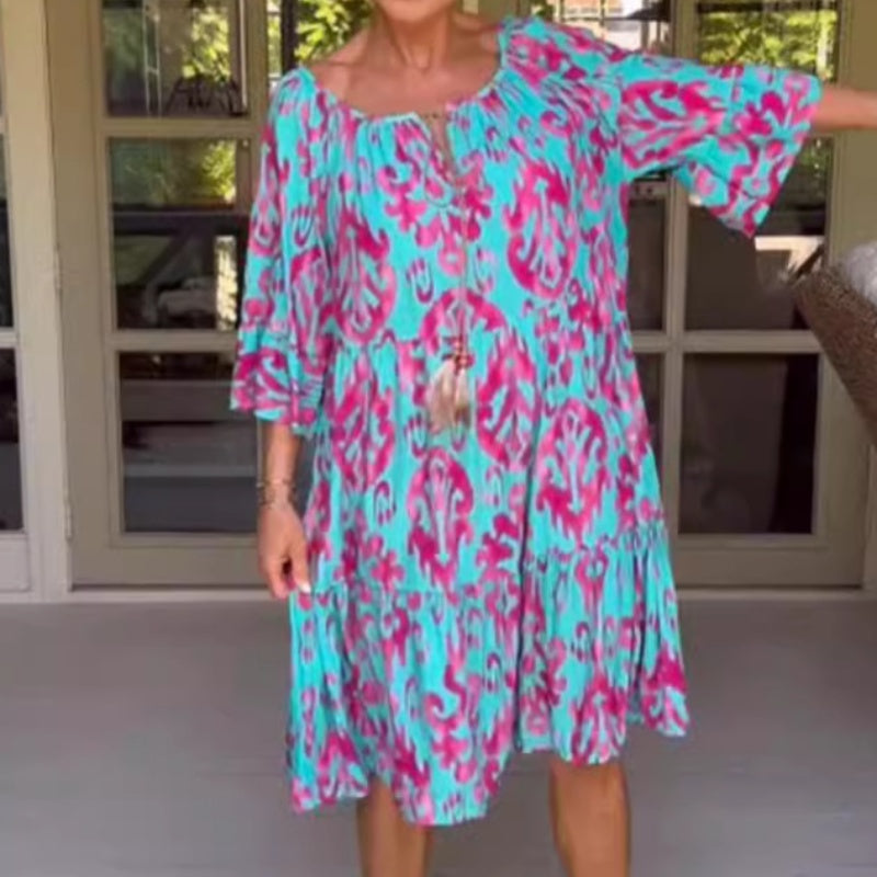 Toula | Midi Dress Pink Orange Printed Loose Fit
