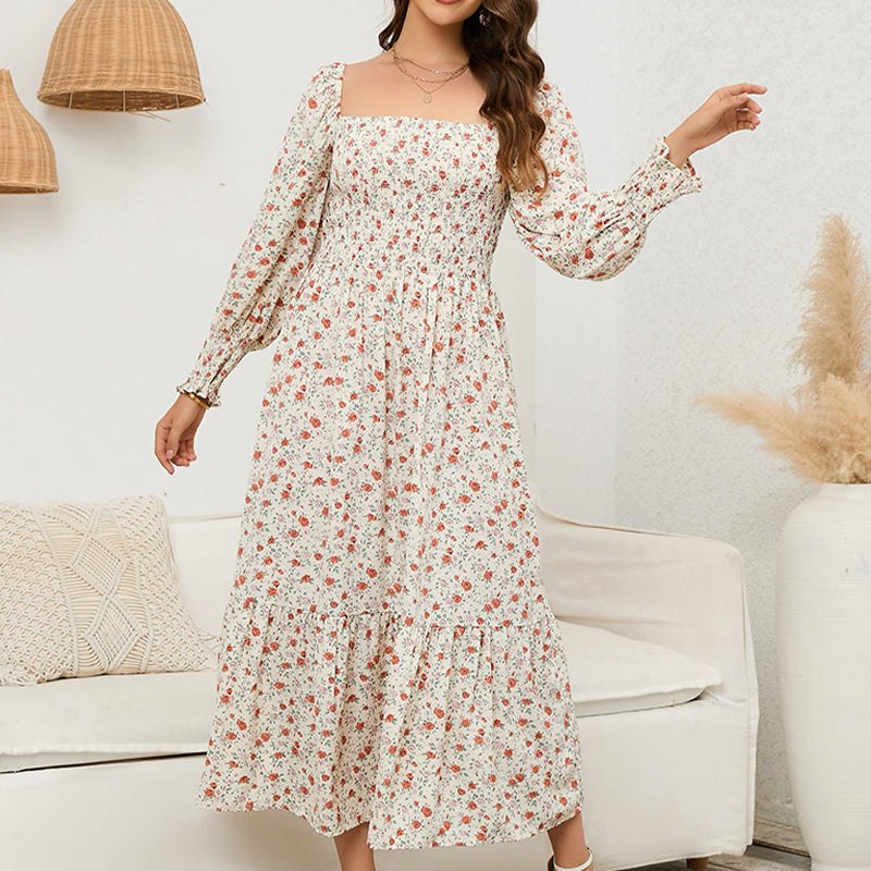 Vasilya | Floral Square Neck Midi Dress