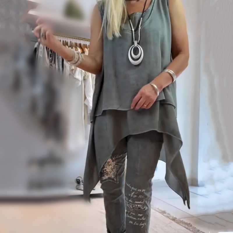 Sousana - Sleeveless Asymmetrical Top and Floral Print Pants Set