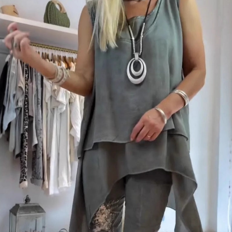 Sousana - Sleeveless Asymmetrical Top and Floral Print Pants Set