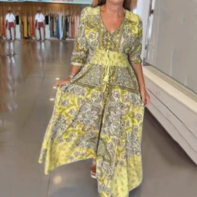 Aliye | Boho Paisley Print V-Neck Maxi Dress