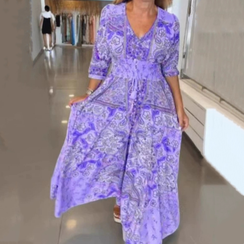 Aliye | Boho Paisley Print V-Neck Maxi Dress