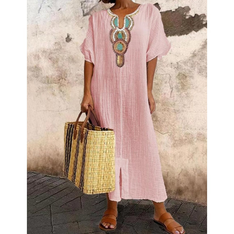 Lioba | Embroidered V-Neck Midi Smock Dress