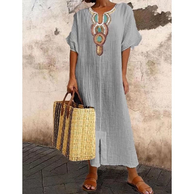 Lioba | Embroidered V-Neck Midi Smock Dress