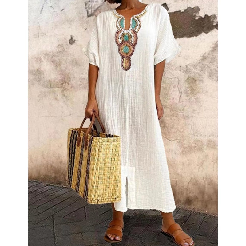 Lioba | Embroidered V-Neck Midi Smock Dress