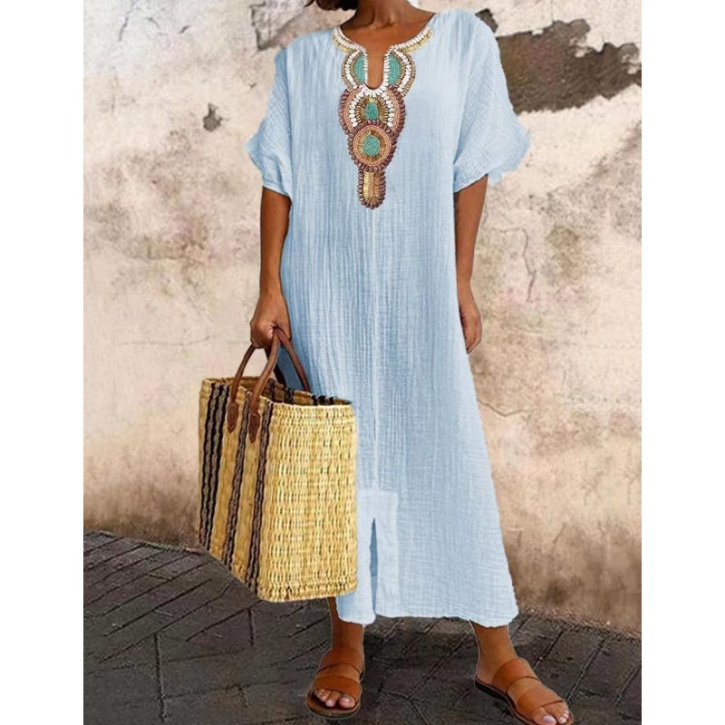 Lioba | Embroidered V-Neck Midi Smock Dress