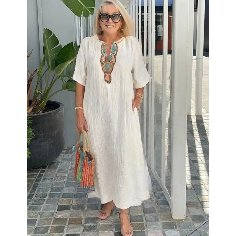 Lioba | Embroidered V-Neck Midi Smock Dress