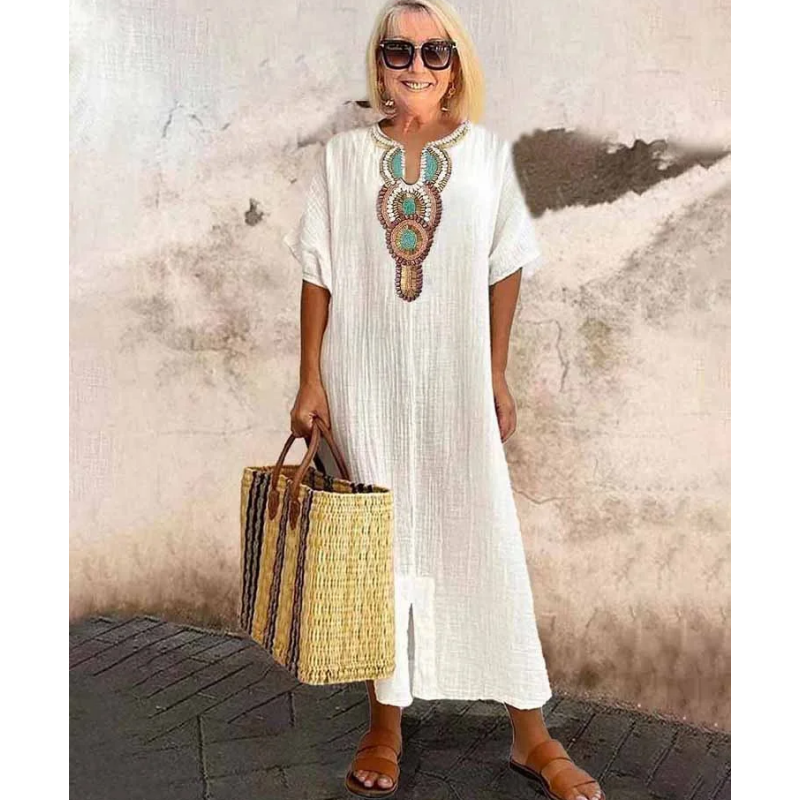 Lioba | Embroidered V-Neck Midi Smock Dress