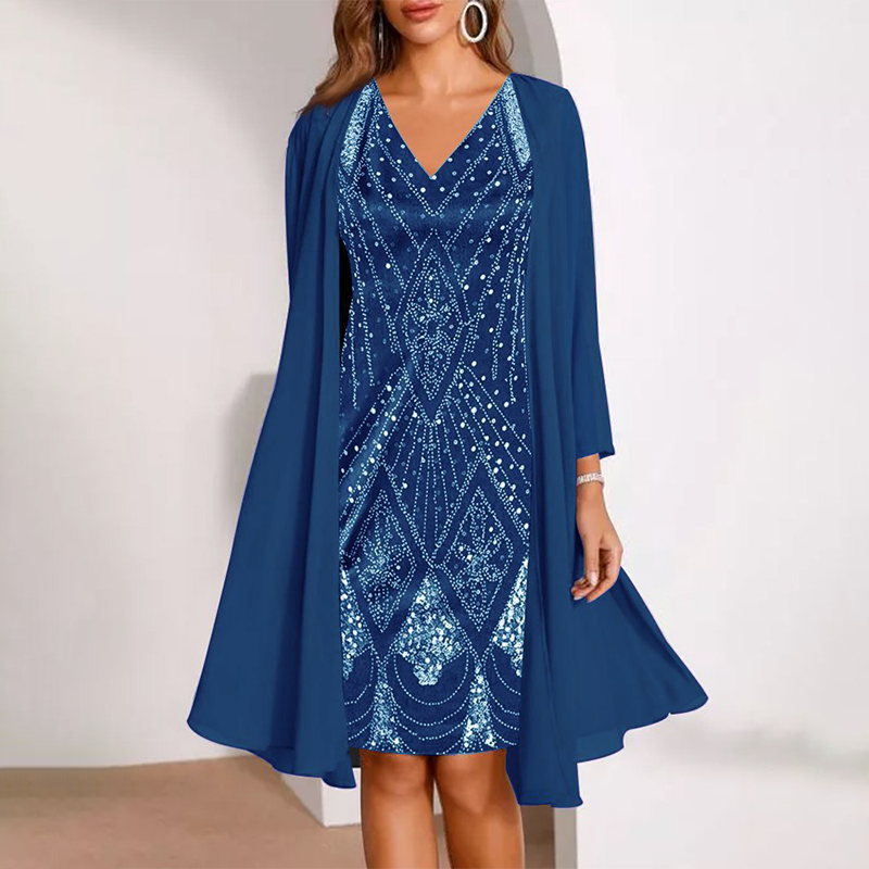 Kamla | V-Neck Sequin Dress with Sheer Cape
