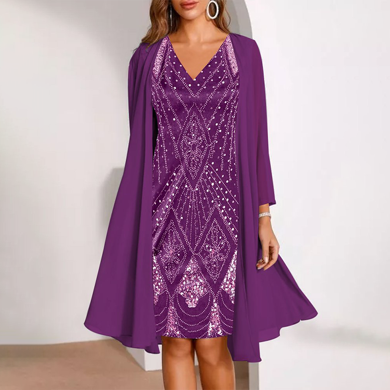 Kamla | V-Neck Sequin Dress with Sheer Cape