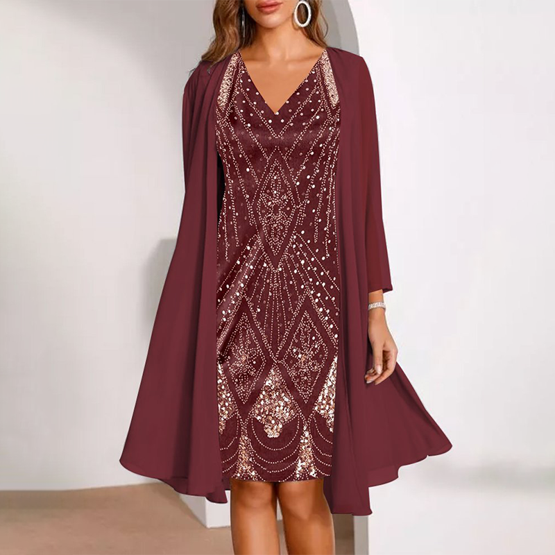 Kamla | V-Neck Sequin Dress with Sheer Cape