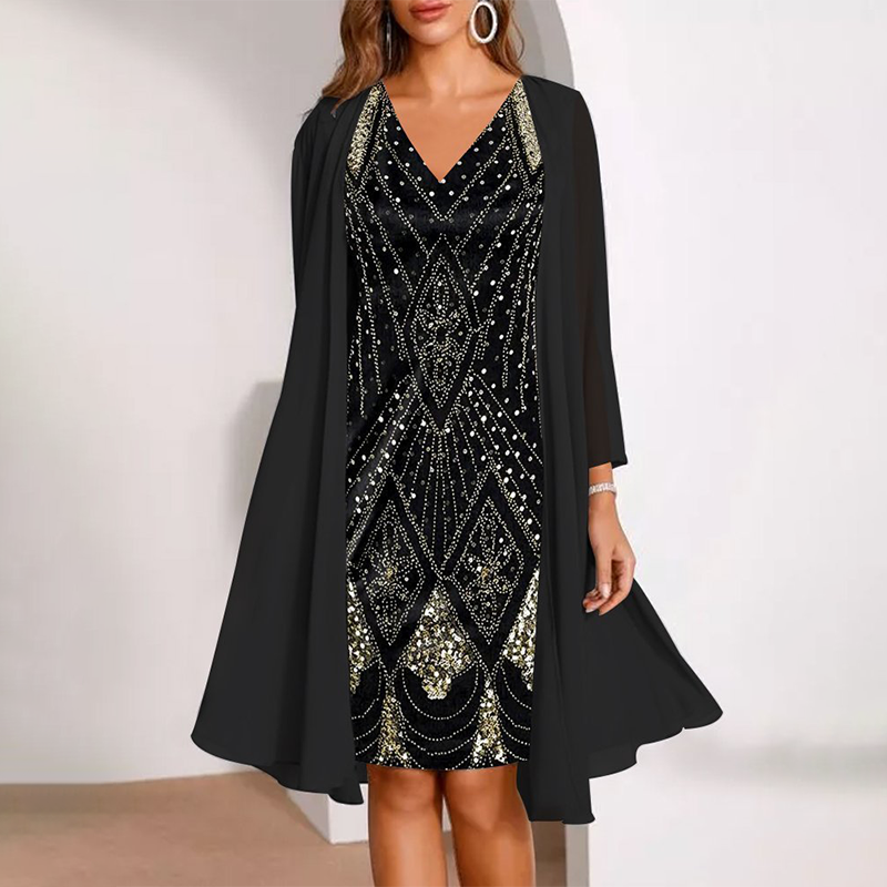 Kamla | V-Neck Sequin Dress with Sheer Cape