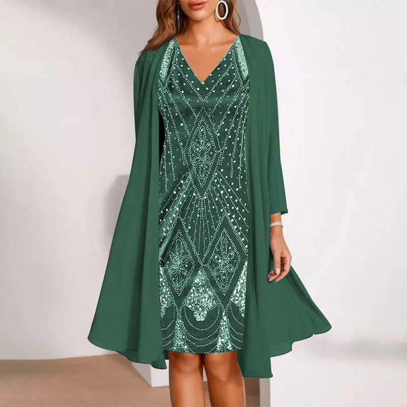 Kamla | V-Neck Sequin Dress with Sheer Cape