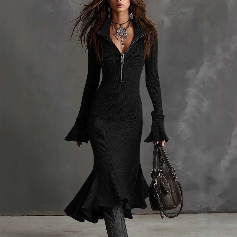 Yafella - Elegance Knitted Dress With Zipper & Flare Sleeves