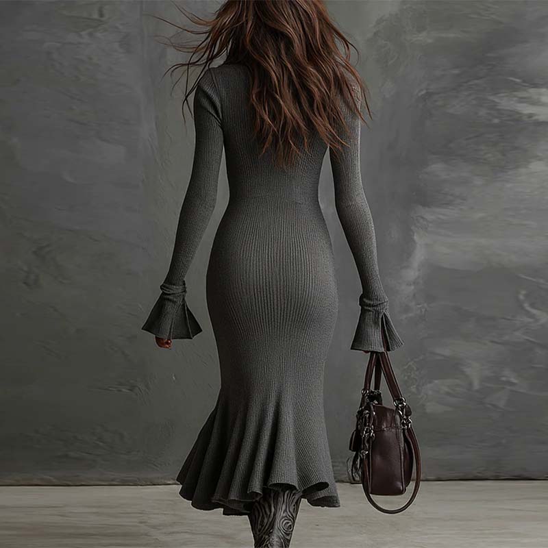 Yafella - Elegance Knitted Dress With Zipper & Flare Sleeves