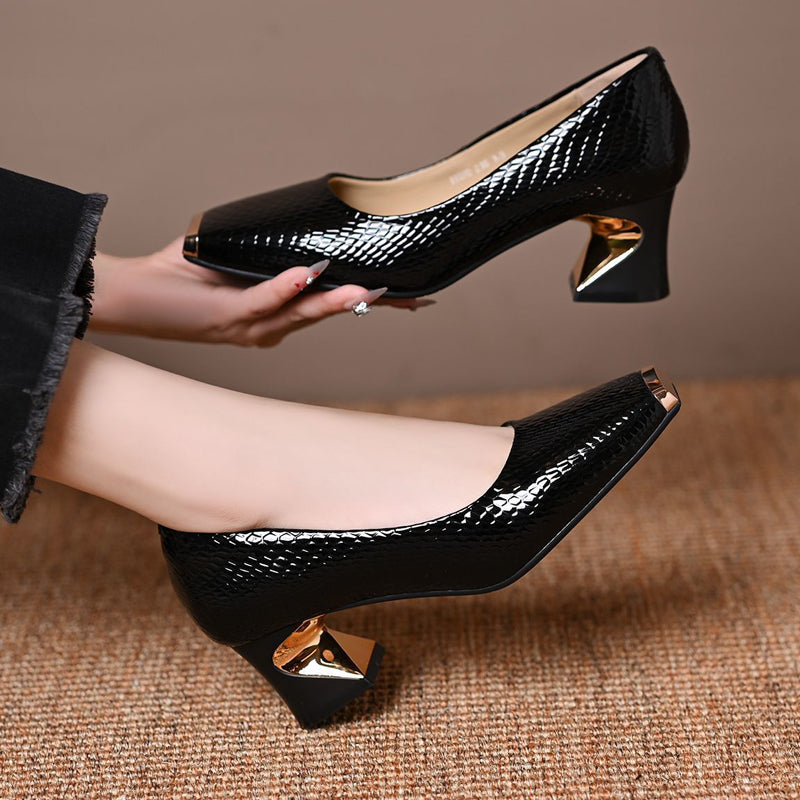 Jeong | Snake-Print Square-Toe Mid-Heel Pumps