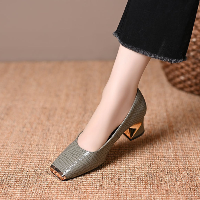 Jeong | Snake-Print Square-Toe Mid-Heel Pumps