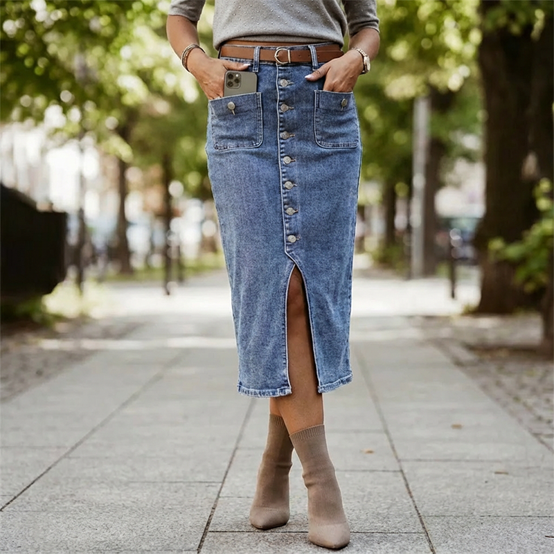 Ralisia | Denim Midi Skirt With Button Front