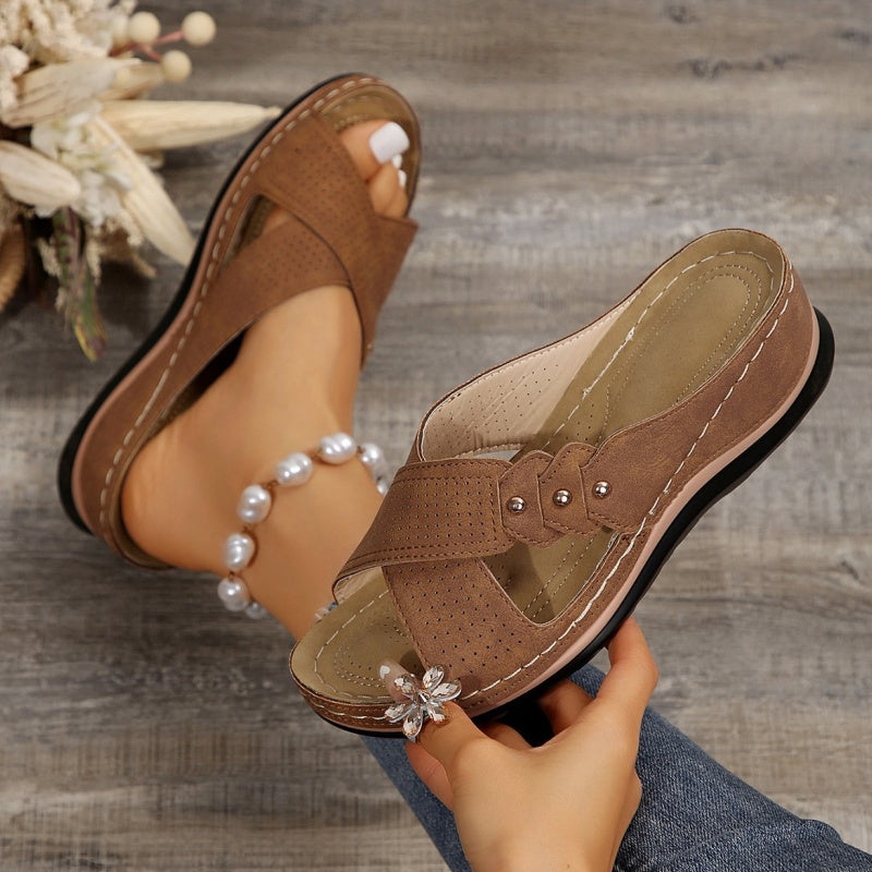 Shawen - Cross Strap Open Toe Wedge Sandals