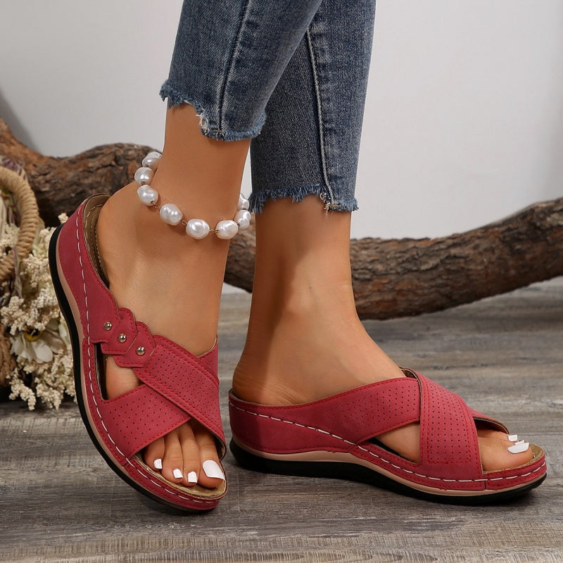 Shawen - Cross Strap Open Toe Wedge Sandals