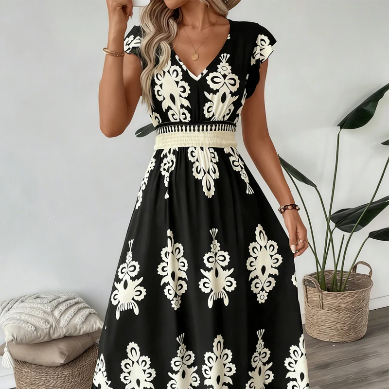 Ranika | Sleeveless V Neck Printed Maxi Dress