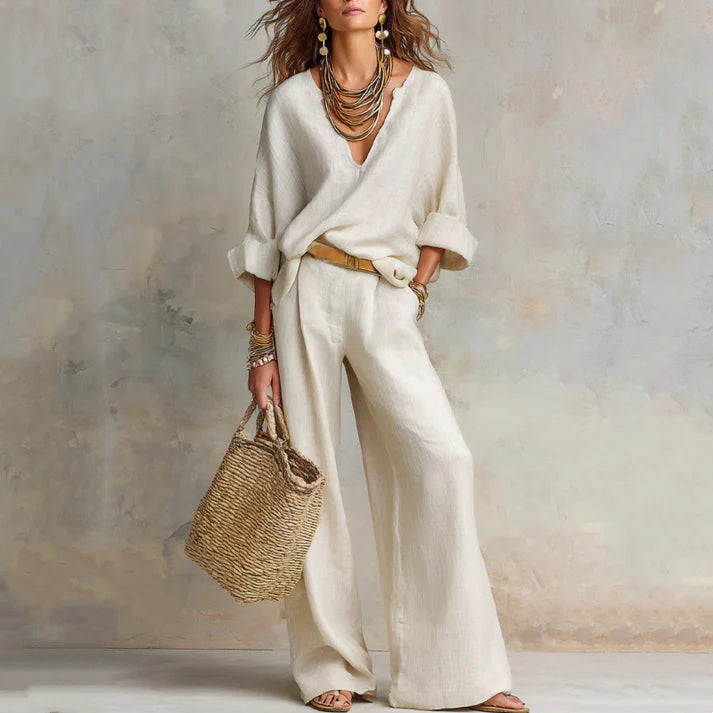 Ilaina - V Neck Wide Leg Trouser Set