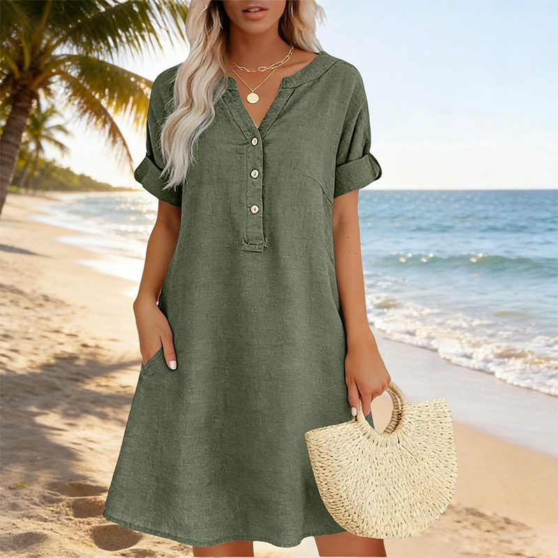 Jolande | Tunic Dress V Neck Short Sleeve Pockets