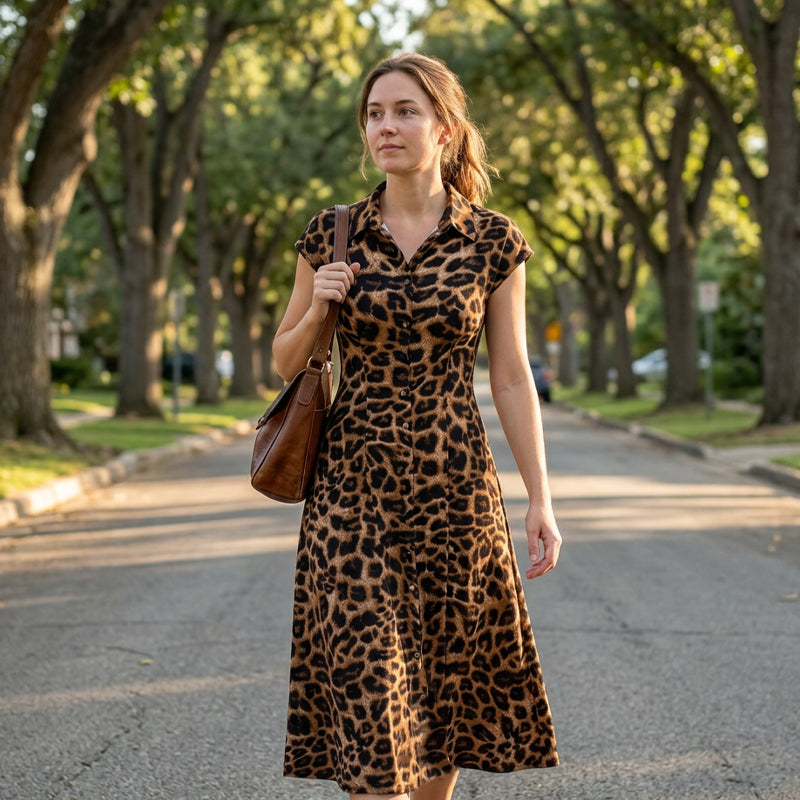 Ameerah | Dress Leopard Print Button Front Cap Sleeve