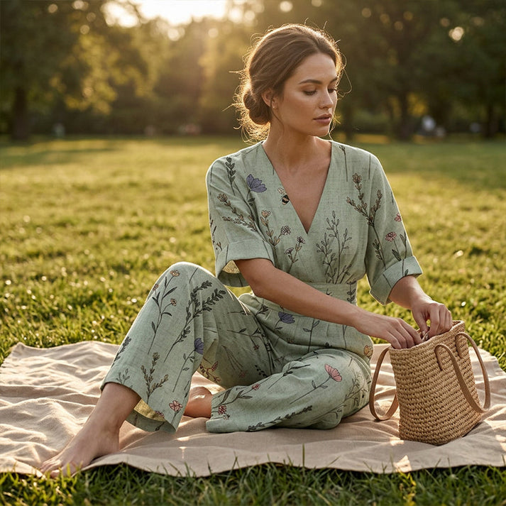 Sinem | V-Neck Floral Print Wide-Leg Jumpsuit