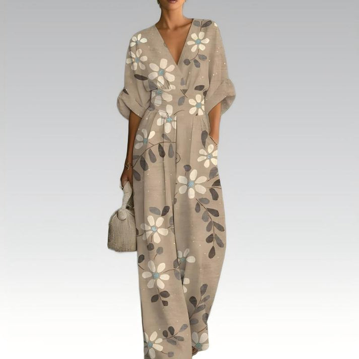 Sinem | V-Neck Floral Print Wide-Leg Jumpsuit