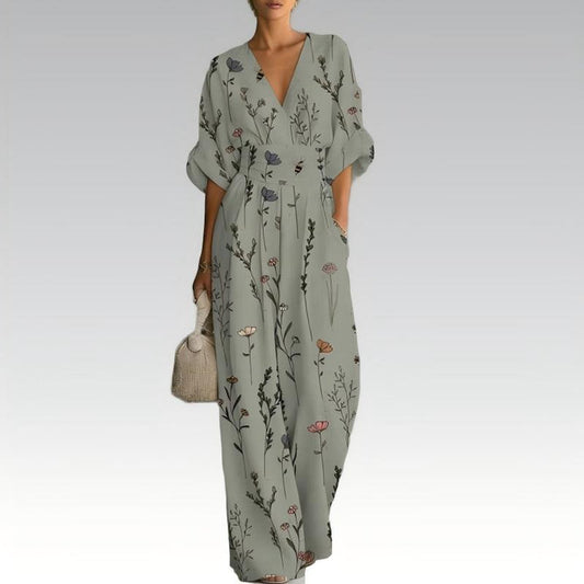 Sinem | V-Neck Floral Print Wide-Leg Jumpsuit
