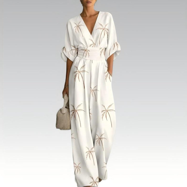 Sinem | V-Neck Floral Print Wide-Leg Jumpsuit