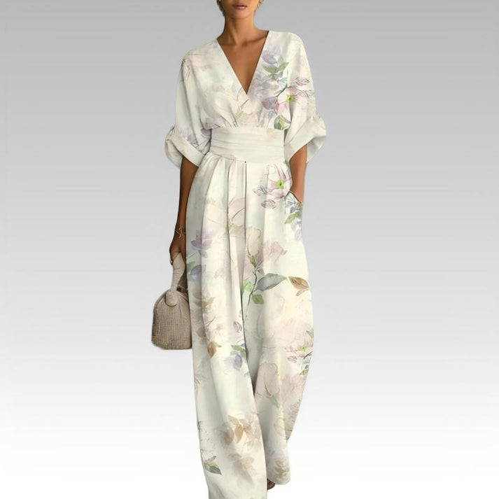 Sinem | V-Neck Floral Print Wide-Leg Jumpsuit