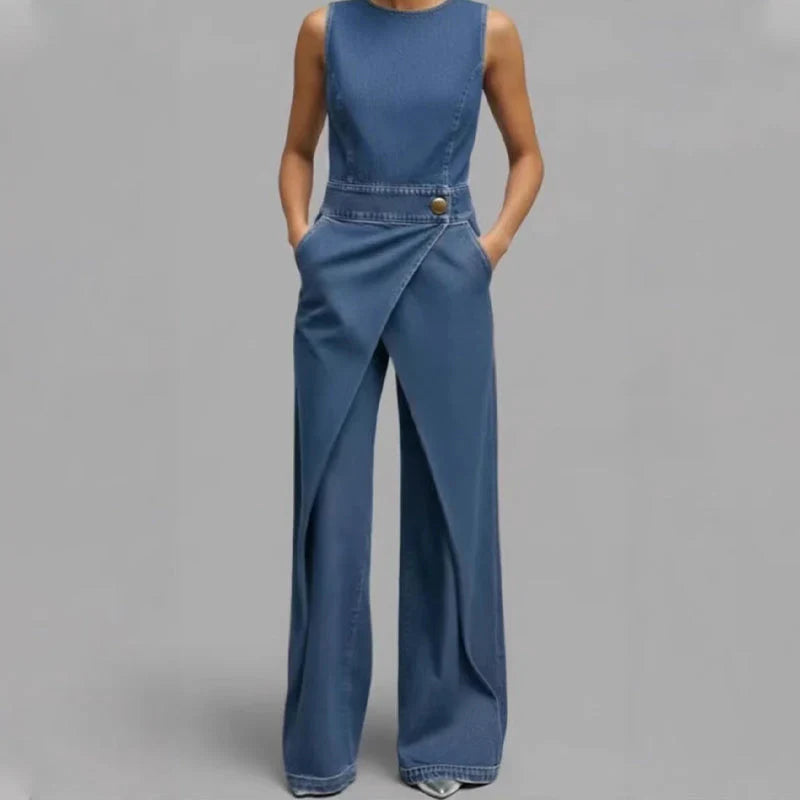 Laurien | Wide Leg Sleeveless Blue Denim-Style Jumpsuit