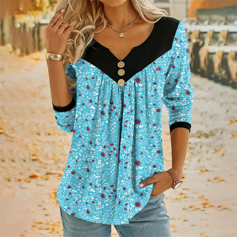 Sheloni | Floral Print V Neck Long Sleeve Top