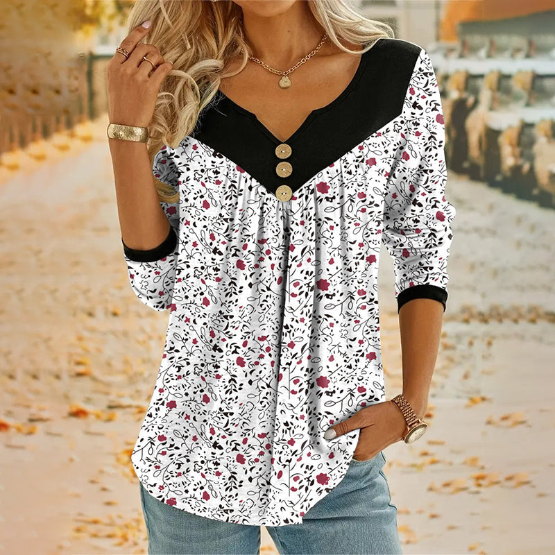 Sheloni | Floral Print V Neck Long Sleeve Top