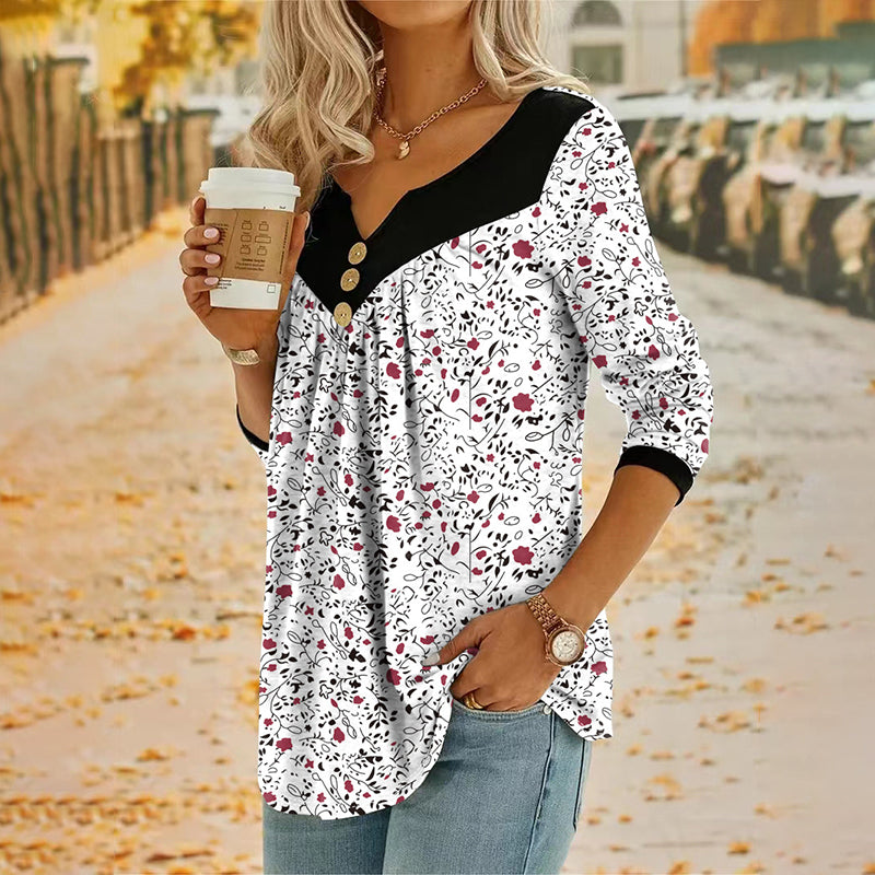 Sheloni | Floral Print V Neck Long Sleeve Top