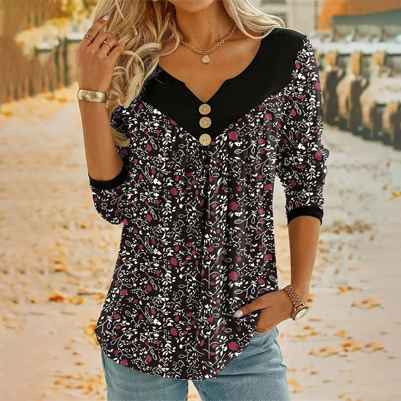 Sheloni | Floral Print V Neck Long Sleeve Top