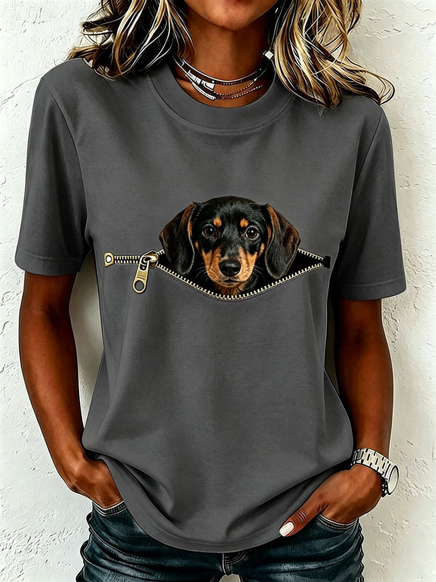 Earcy | Dog Print Short Sleeve Crew Neck T Shirt