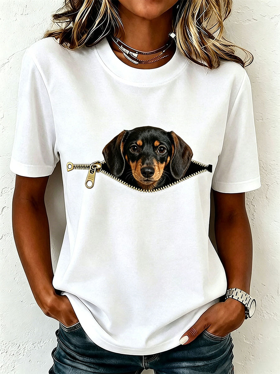 Earcy | Dog Print Short Sleeve Crew Neck T Shirt